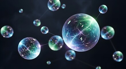 Photo of abstract glowing spheres connected by lines, representing molecular structures or data networks