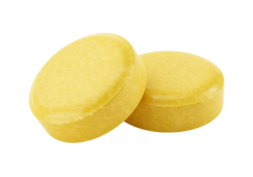Two yellow lozenges isolated on transparent background, cough drops for sore throat relief and pharmaceutical use