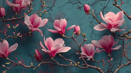Elegant magnolia flowers on dark textured background. Blooming pink magnolia floral wallpaper design