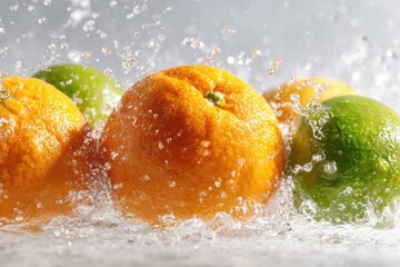 Fresh Oranges and Limes Splashing in Water.
