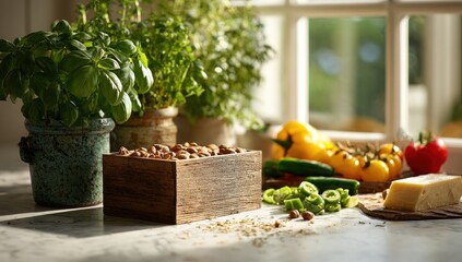 Fresh Produce and Herbs on Kitchen Countertop by Window.
