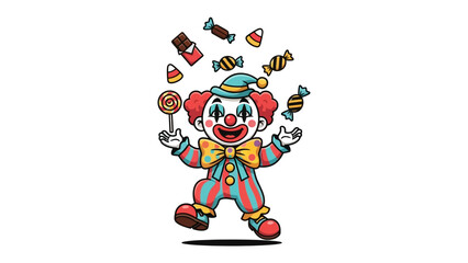 Obraz premium Colorful Carnival Clown with Confections: This captivating illustration depicts a cheerful clown, resplendent in vibrant attire, juggling a delightful array of candies, sweets.