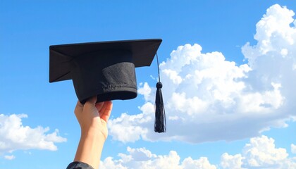 A person's hand holding a graduation cap, symbolizing achievement and success, set against a beautiful sky filled with clouds. It represents academic success