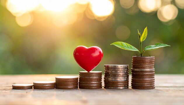 Heart shape resting atop a stack of coins next to a young plant. A visual metaphor for growth, investment, and caring.