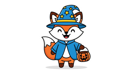 Fototapeta premium Fox in Halloween Costume: A charming animated fox, joyfully embracing the festive spirit, dressed in a wizard hat and cloak while carrying a pumpkin basket against a neutral background.