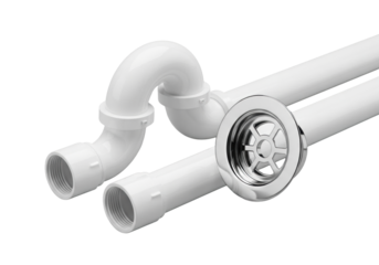 New white PVC plumbing S-trap, connected pipes, chrome drain grate, studio background, high-key lighting, no shadows, professional product display concept