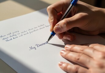 Handwriting a heartfelt letter on white paper with a blue pen