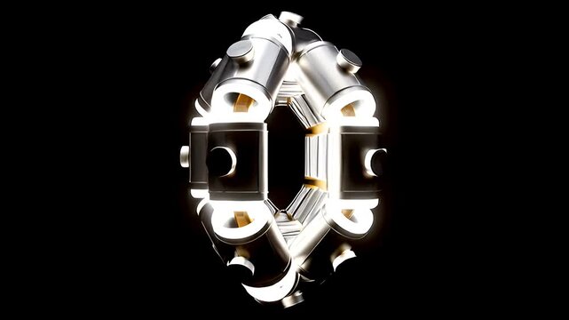 Abstract metallic geometric form with reflective surfaces and internal golden light accents