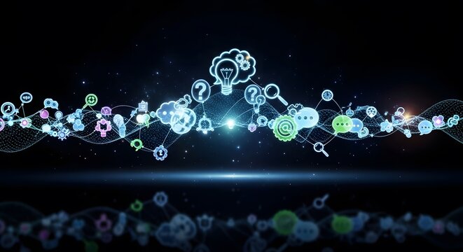 Photo of abstract network of glowing digital icons representing ideas, communication, and innovation