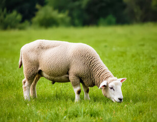 Obraz premium Close-up of a single sheep grazing on lush green grass in a rural field, with blurred trees in the background and soft natural light highlighting its woolly coat and peaceful posture.