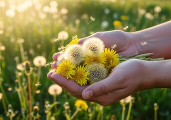 Dry fluffy dandelion in a woman hand, summer wild meadow grass and flowers background