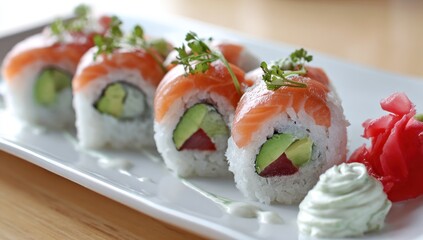 Fresh Salmon Avocado Sushi Rolls with Ginger and Wasabi.