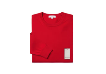 Vibrant scarlet red long-sleeved fine knit sweater, perfectly folded, with a small polished silver tag, on a seamless pure transparent background. High-key studio shot of high-end product presentation