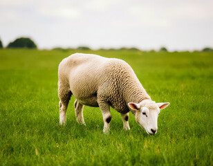 Obraz premium Close-up of a single sheep grazing on lush green grass in a rural field, with blurred trees in the background and soft natural light highlighting its woolly coat and peaceful posture.