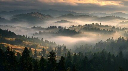 Nature landscape with misty trees. Forested hills in morning fog