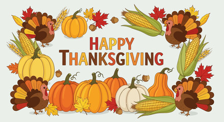 Festive Happy Thanksgiving illustration with pumpkins, corns, turkeys, and autumn leaves arranged