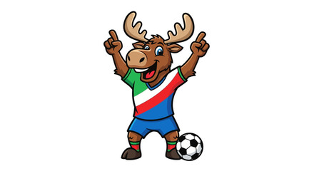 Cheerful moose soccer player cartoon character celebrating with Italian team colors and a ball