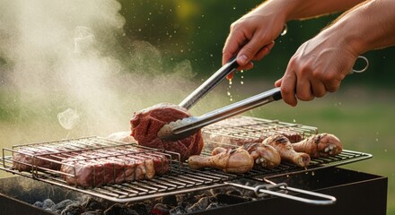 Grilling Meat and Chicken on Outdoor Barbecue Grill