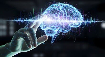 Photo of human hand touching a glowing blue digital brain with data waves, representing ai and neuroscience