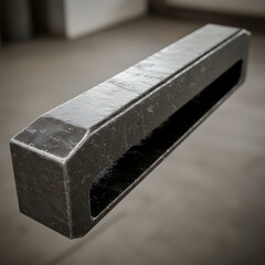 Close-up of a heavy, dark, scratched metal industrial component with a long slot and beveled edges.
