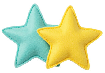 Two felt stars isolated on transparent background, yellow and turquoise star-shaped soft toys for baby mobile or nursery decoration