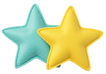 Two felt stars isolated on transparent background, yellow and turquoise star-shaped soft toys for baby mobile or nursery decoration