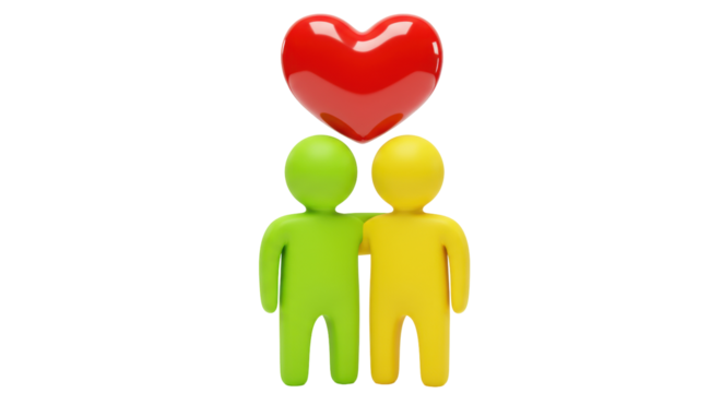 Two stylized figures in love with a red heart above them isolated, friendship and relationship concept in PNG format - Powered by Adobe