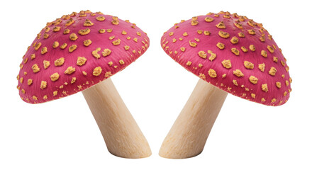 Two red fly agaric mushrooms with yellow spots isolated on transparent background, poisonous toadstool PNG for nature and fantasy concepts