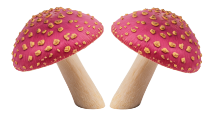 Two red fly agaric mushrooms with yellow spots isolated on transparent background, poisonous toadstool PNG for nature and fantasy concepts