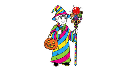 Naklejka premium Wizard's Colorful Parade: A cartoon illustration of a joyful young wizard, wearing vibrant striped robes, cheerfully marching with a pumpkin-shaped treat bag and a whimsical staff.