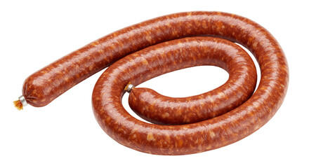 Smoked sausage ring isolated on transparent background, delicious cured meat for charcuterie boards and gourmet food