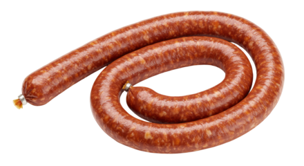 Smoked sausage ring isolated on transparent background, delicious cured meat for charcuterie boards and gourmet food