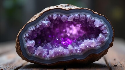 A close-up of a natural amethyst geode on a wooden table. The inner purple crystals are sparkling and glowing with a magical light.