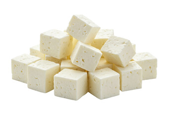 Pile of fresh feta cheese cubes isolated, dairy product made from sheep s milk for salads and Mediterranean cuisine