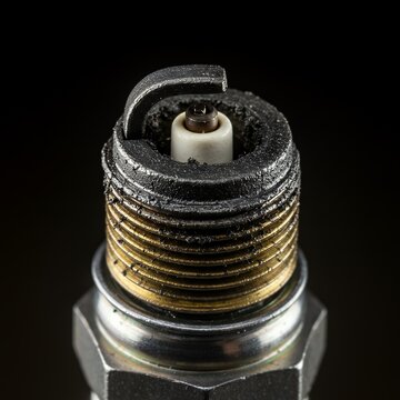 Close-up macro photograph of a worn and fouled spark plug, showing carbon buildup and damage to the electrode.