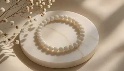 Delicate Necklace Arranged in Loop with Elegant Mood on Marble Background with Copy Space