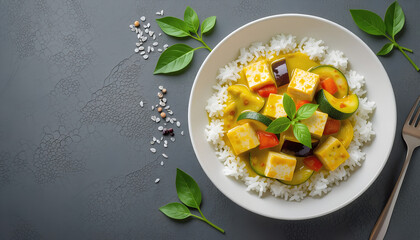  Vibrant Thai Green Curry with Tofu and Vegetables on White Plate with Copy Space