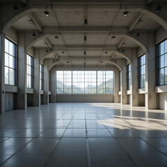 Empty, modern, concrete hall with large windows