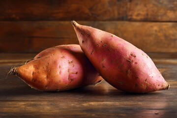 Freshly harvested sweet potatoes on a rustic wooden surface, close-up shot.