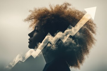 Female silhouette with abstract clouds merged to represent growth, showcasing the relationship between mental expansion and upward momentum in an enlightening conceptual composition