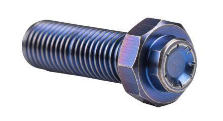 Blue titanium bolt isolated on transparent background, fastener with threads and hexagonal head for industrial and mechanical applications