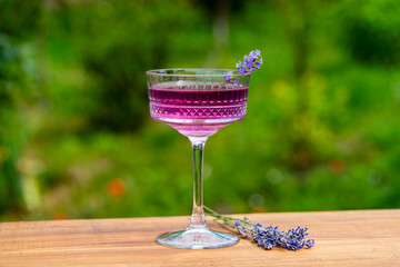 Bright cocktail or lemonade served in elegant crystal glass on wooden table against of a green summer garden. Purple color drink with lavender herb flowers, closeup