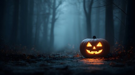 Naklejka premium Creepy jack-o’-lantern on the ground in darkness. Glowing Halloween pumpkin in the misty woods