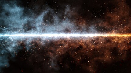 Blue and orange energy stream against a dark background with particles