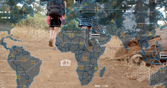 Two women hikers stepping upward on forest trail, initiating world map overlay mapping data nodes - Powered by Adobe