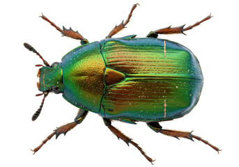 Iridescent green beetle isolated on transparent background, shiny insect with metallic sheen for biology and nature studies PNG