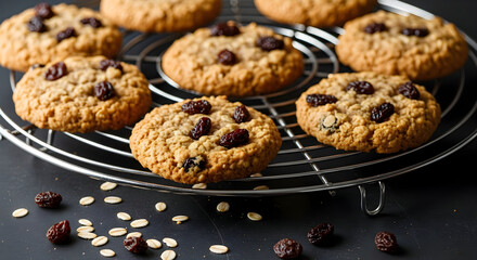 Delicious homemade cookies with oatmeal and raisins cooling on a wire rack, a comforting and sweet baked treat for dessert or snack.