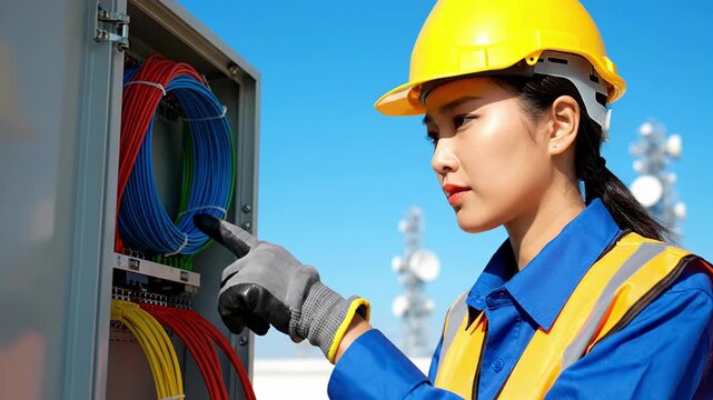 Female engineer inspecting electrical panel outdoors under clear skies