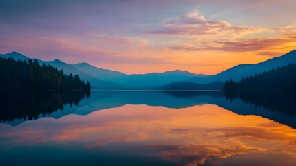 Fototapeta premium Tranquil nature scene with sunset reflection. Mountain peaks and lake at golden hour