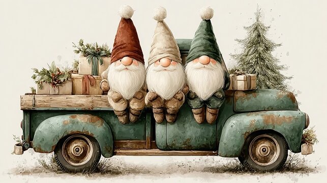 Whimsical Christmas gnomes with long beards and tall hats sitting on vintage green truck with gifts and pine tree, festive holiday illustration